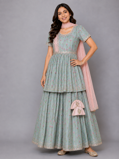 Green Lotus Print Lehnga Set
