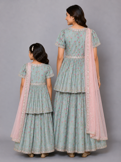 Green Lotus Print Lehnga Set