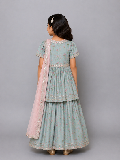 Green Lotus Print Lehnga Set