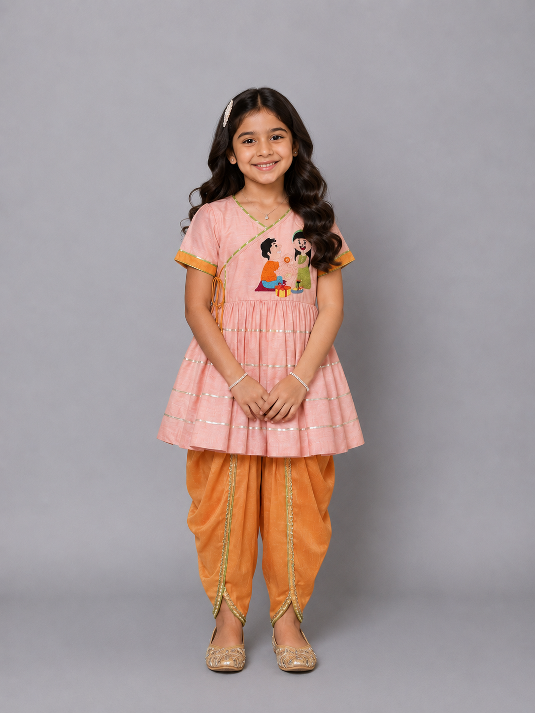 Brother Sister Peach Embroidered Dhoti set