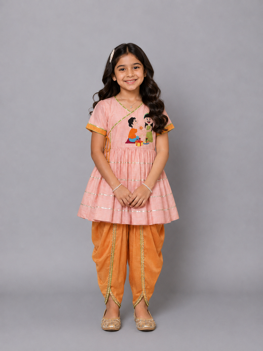 Brother Sister Peach Embroidered Dhoti set