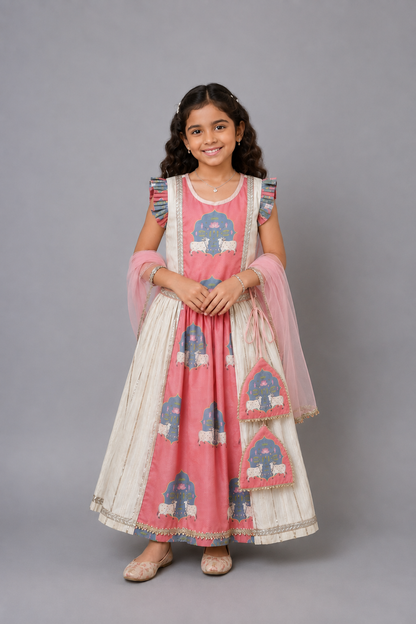 Cow printed Pink and off white lehnga set