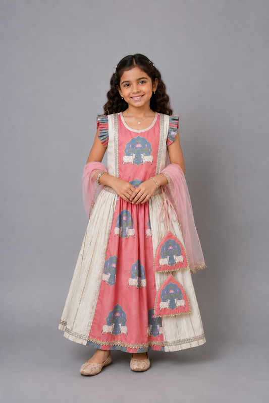 Cow printed Pink and off white lehnga set