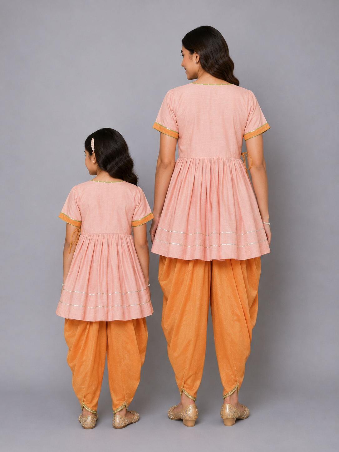Brother Sister Peach Embroidered Dhoti set