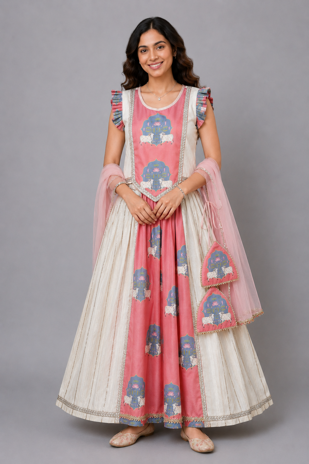Cow printed Pink and off white lehnga set