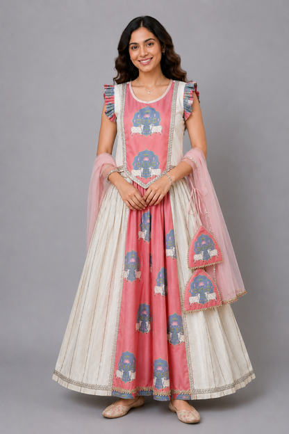 Cow printed Pink and off white lehnga set