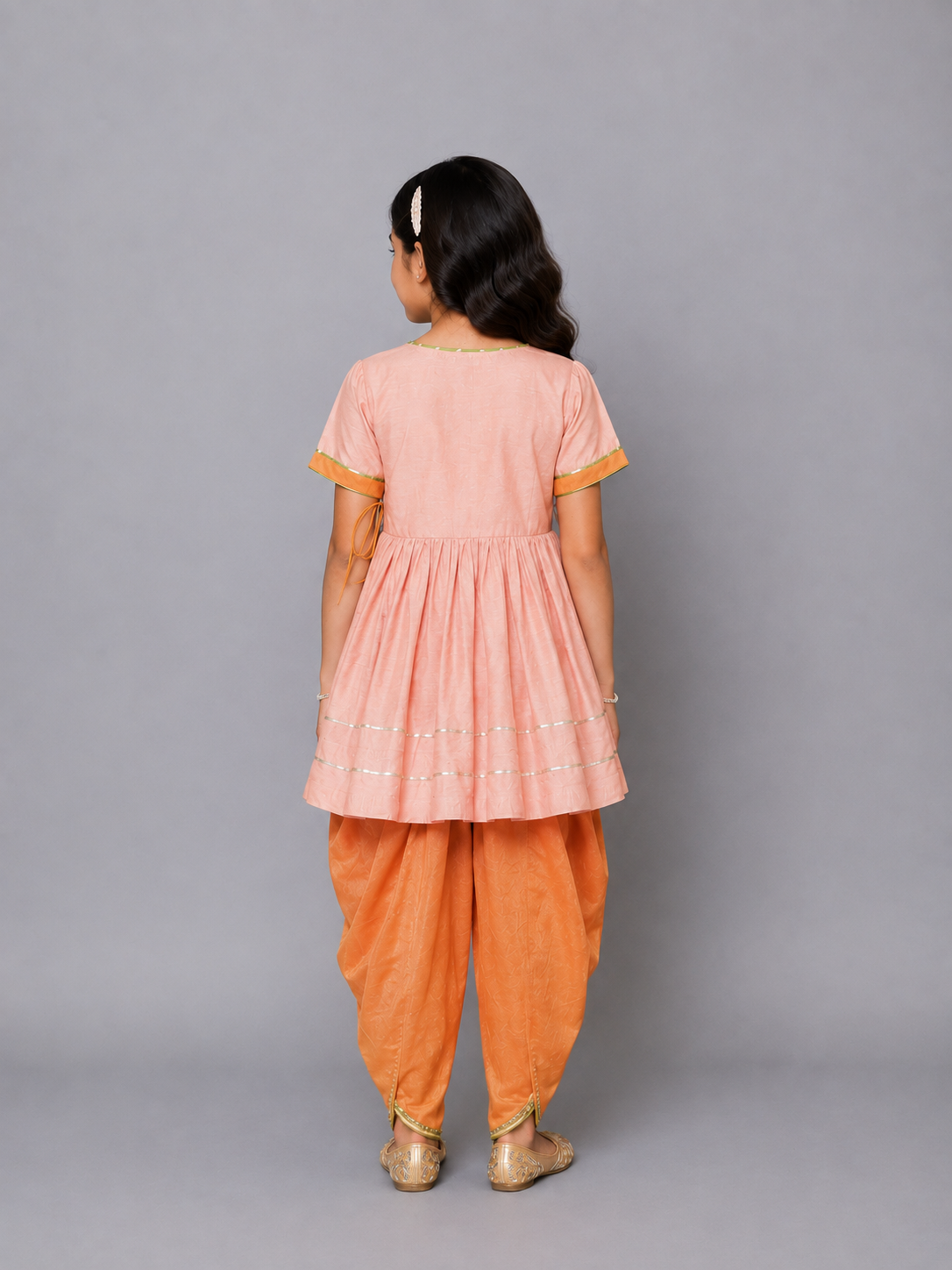 Brother Sister Peach Embroidered Dhoti set
