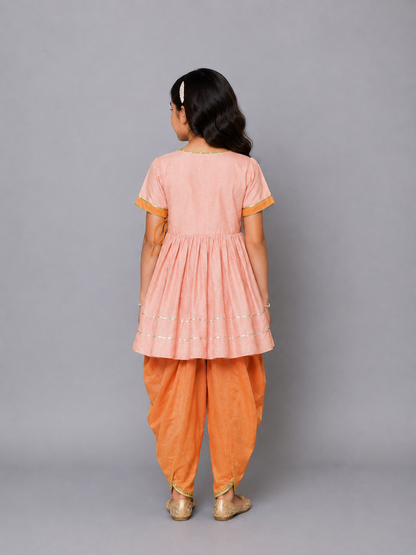 Brother Sister Peach Embroidered Dhoti set