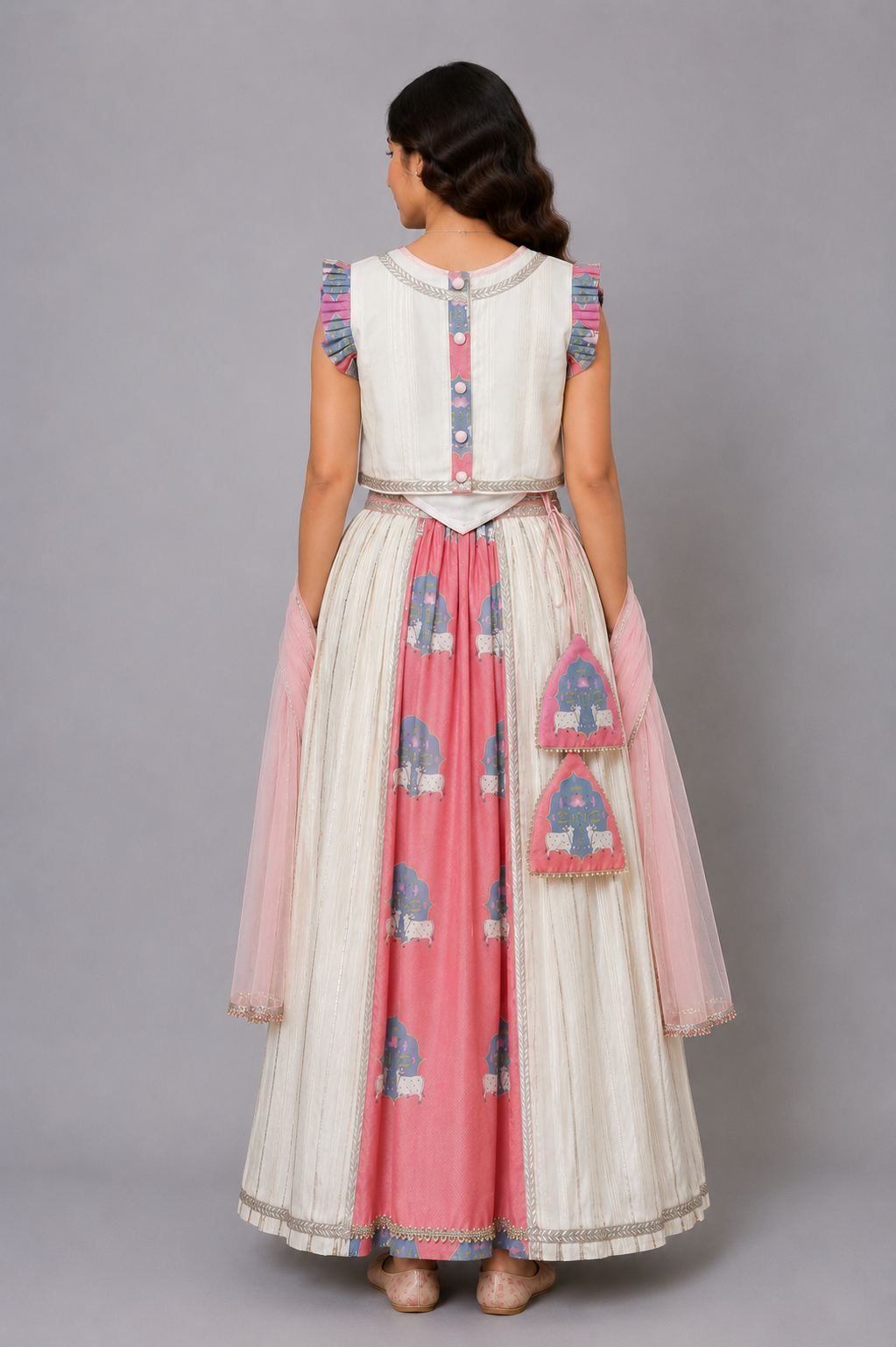 Cow printed Pink and off white lehnga set