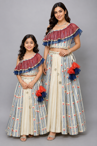 Off White Printed off Shoulder Ruffled Blouse Lehnga Set