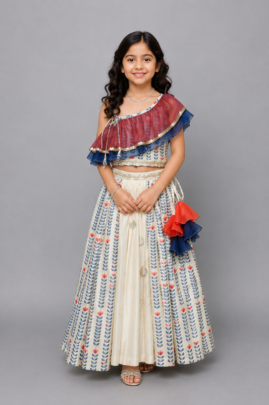 Off White Printed off Shoulder Ruffled Blouse Lehnga Set