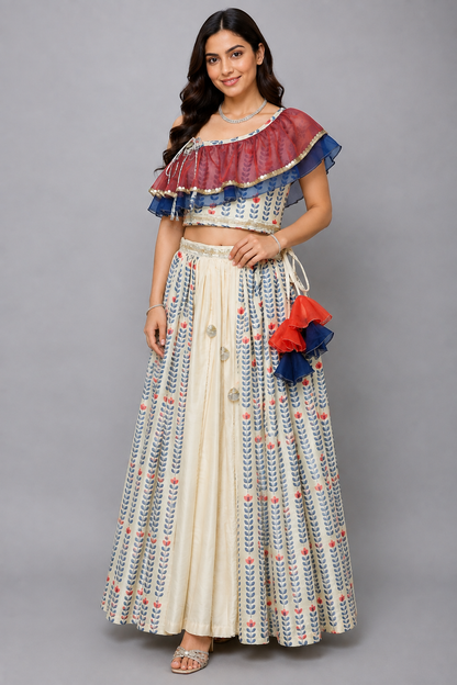 Off White Printed off Shoulder Ruffled Blouse Lehnga Set