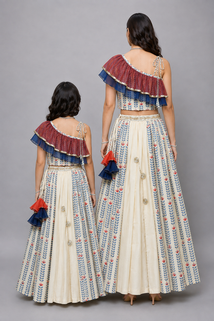 Off White Printed off Shoulder Ruffled Blouse Lehnga Set