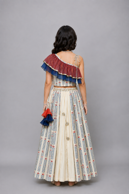 Off White Printed off Shoulder Ruffled Blouse Lehnga Set