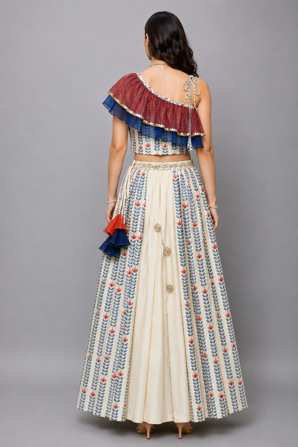 Off White Printed off Shoulder Ruffled Blouse Lehnga Set