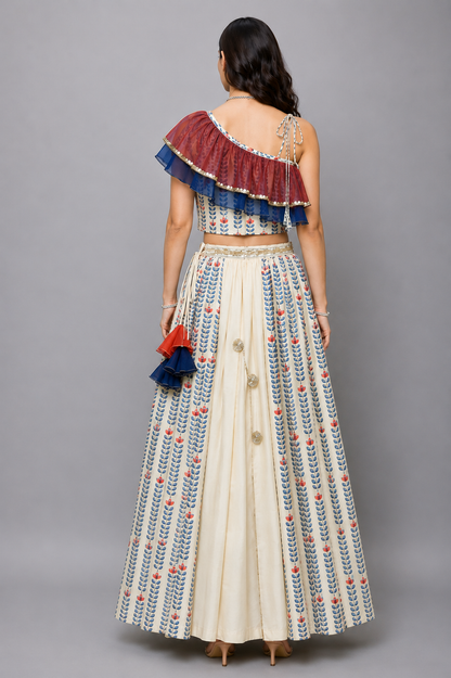 Off White Printed off Shoulder Ruffled Blouse Lehnga Set