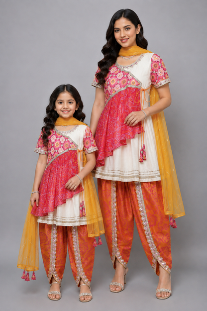 Pink Orange Bandhej Dhoti Set