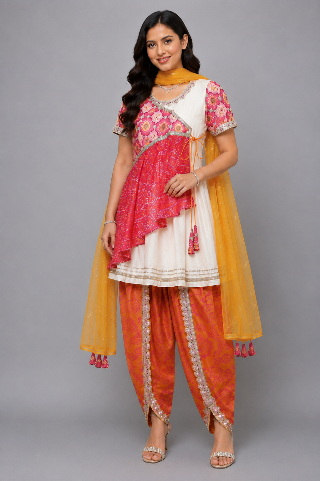 Pink Orange Bandhej Dhoti Set