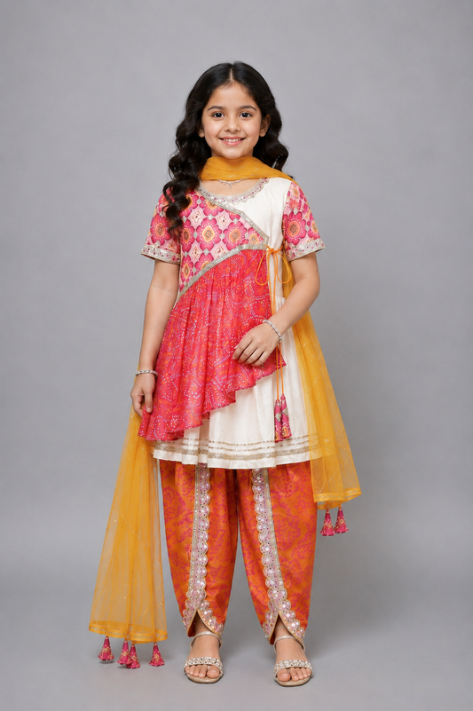 Pink Orange Bandhej Dhoti Set