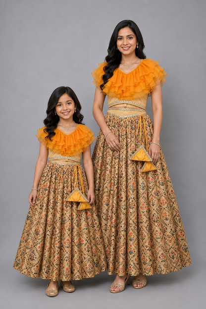 Golden Orange Frill Printed lehnga set