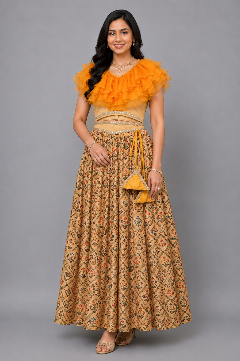 Golden Orange Frill Printed lehnga set