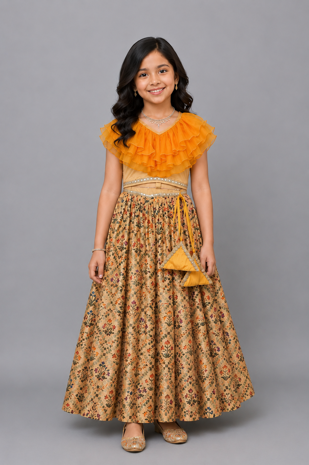 Golden Orange Frill Printed lehnga set