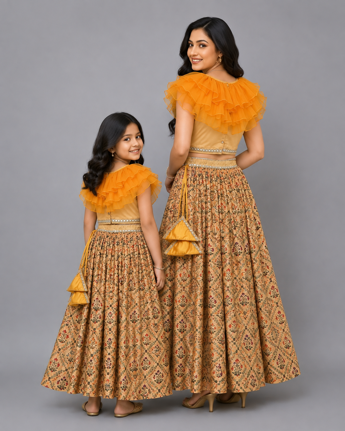 Golden Orange Frill Printed lehnga set