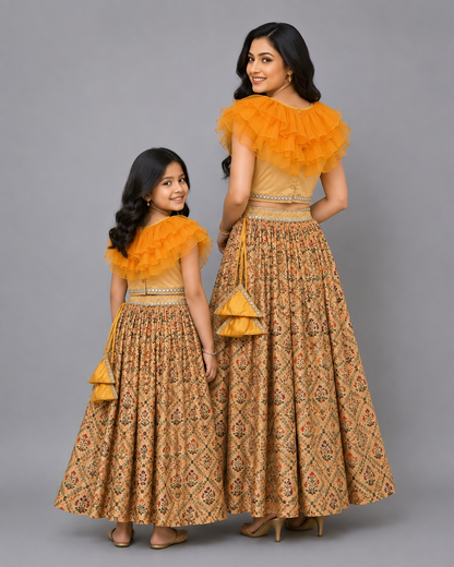 Golden Orange Frill Printed lehnga set