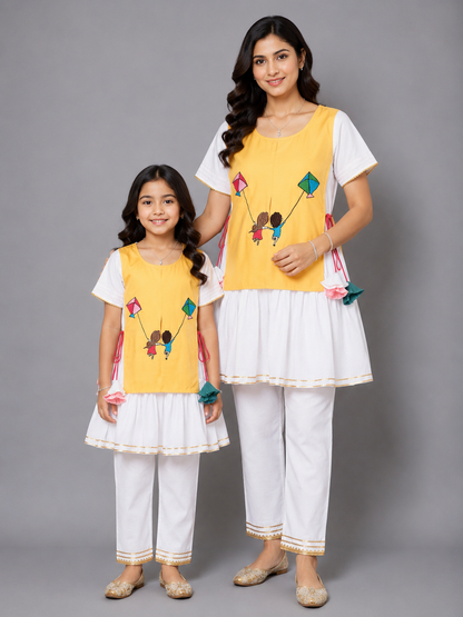 Kite Embroidered Yellow White frock Pyjama set