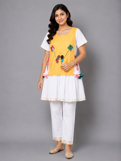 Kite Embroidered Yellow White frock Pyjama set