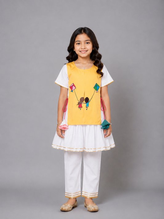 Kite Embroidered Yellow White frock Pyjama set