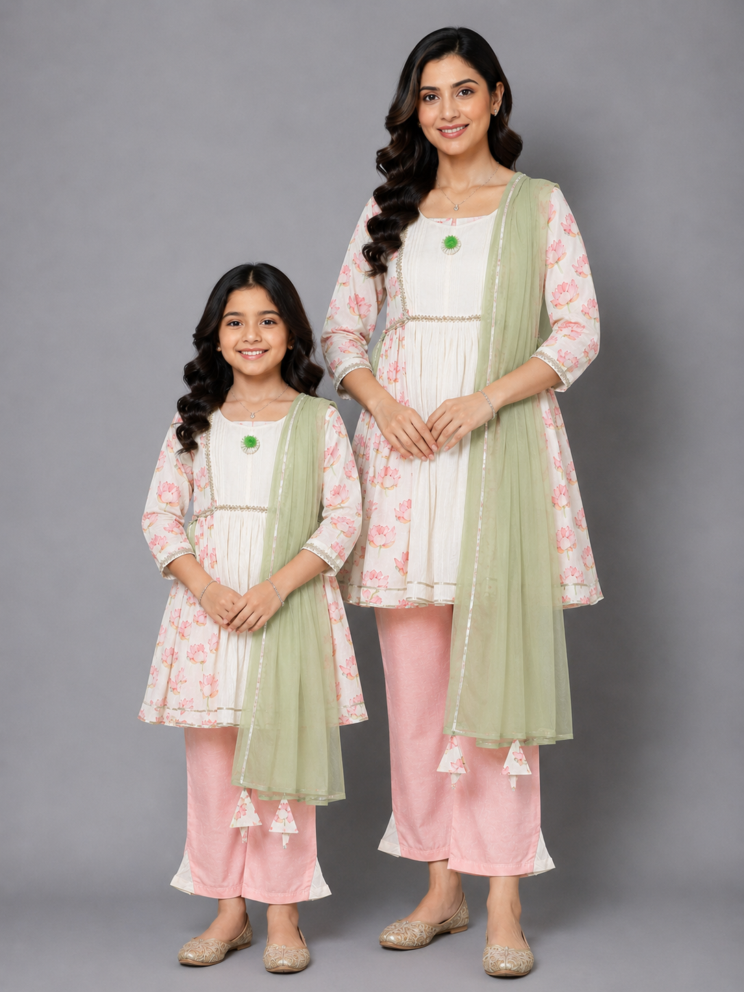 Offwhite Peach Lotus print kurta  set