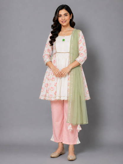 Offwhite Peach Lotus print kurta  set