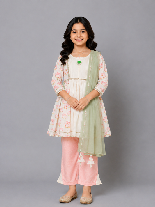 Offwhite Peach Lotus print kurta  set
