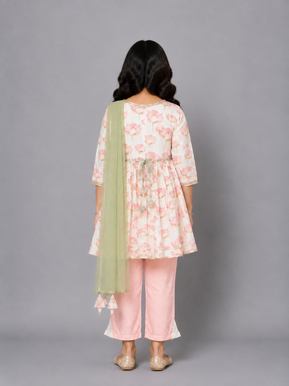 Offwhite Peach Lotus print kurta  set