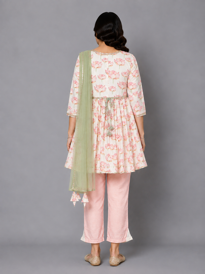 Offwhite Peach Lotus print kurta  set