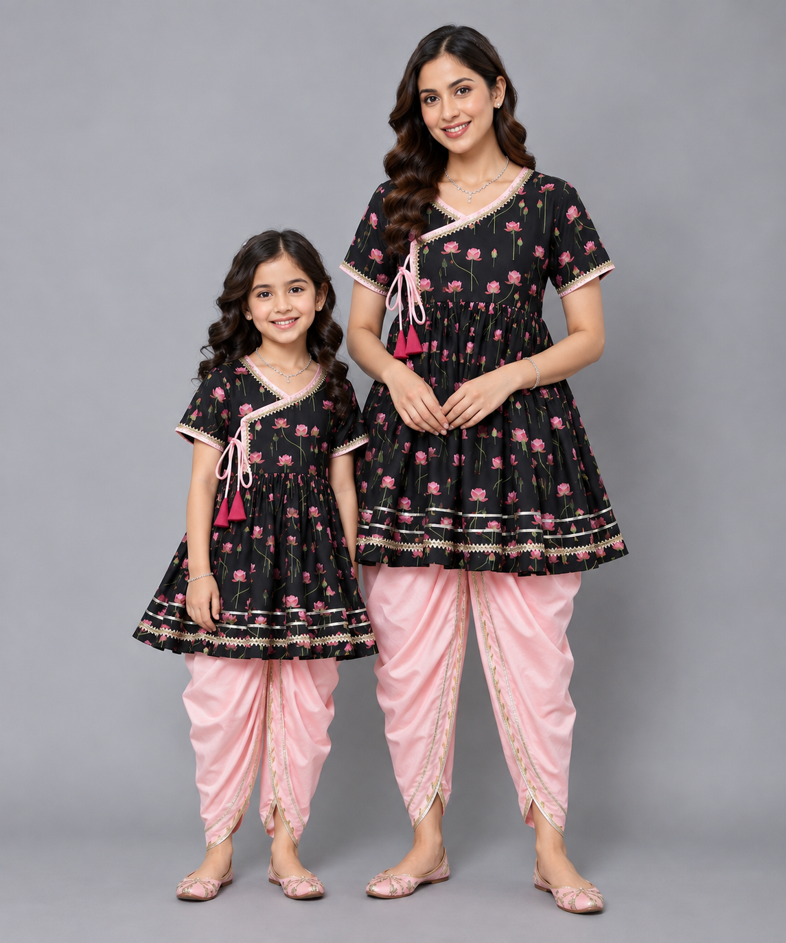 Black Pink Lotus print Angrakha dhoti set
