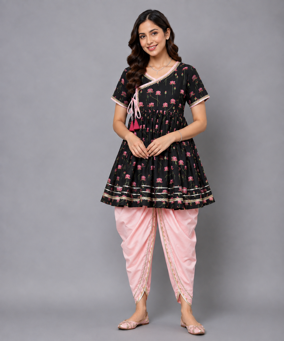 Black Pink Lotus print Angrakha dhoti set
