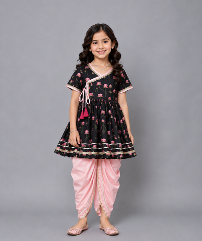 Black Pink Lotus print Angrakha dhoti set