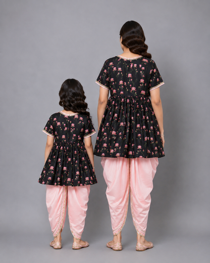Black Pink Lotus print Angrakha dhoti set