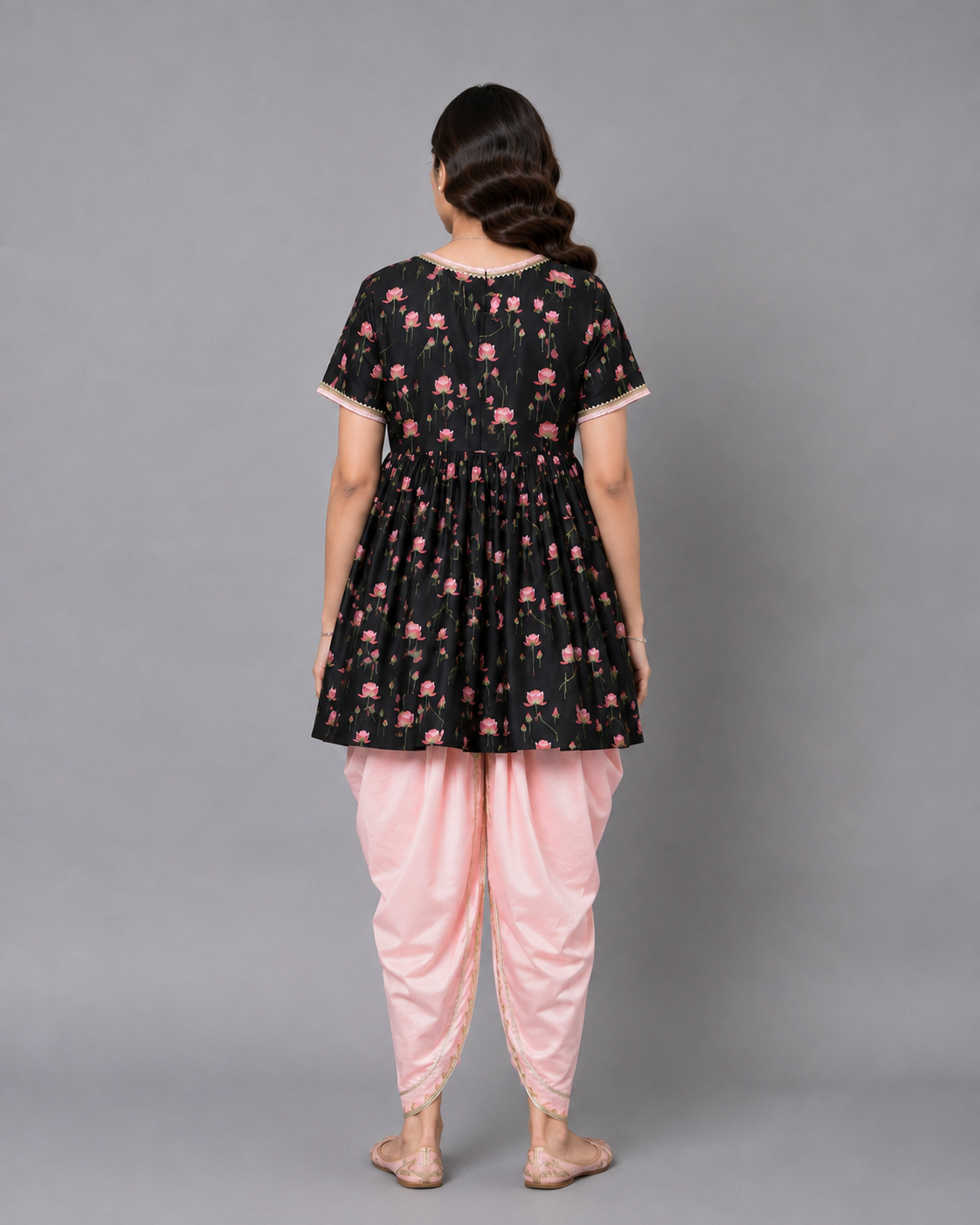 Black Pink Lotus print Angrakha dhoti set