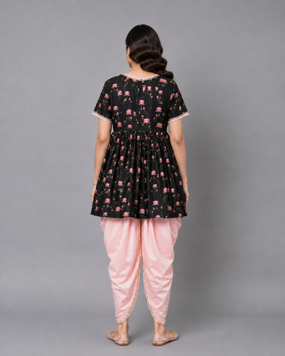 Black Pink Lotus print Angrakha dhoti set