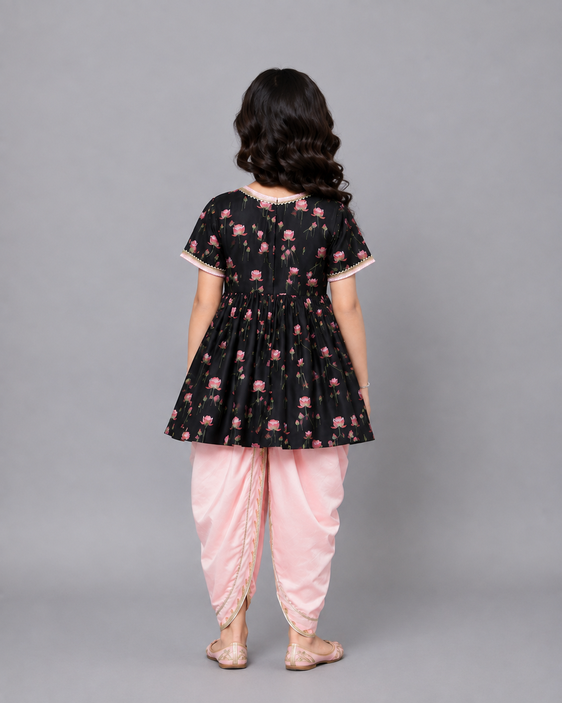 Black Pink Lotus print Angrakha dhoti set