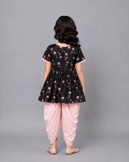 Black Pink Lotus print Angrakha dhoti set