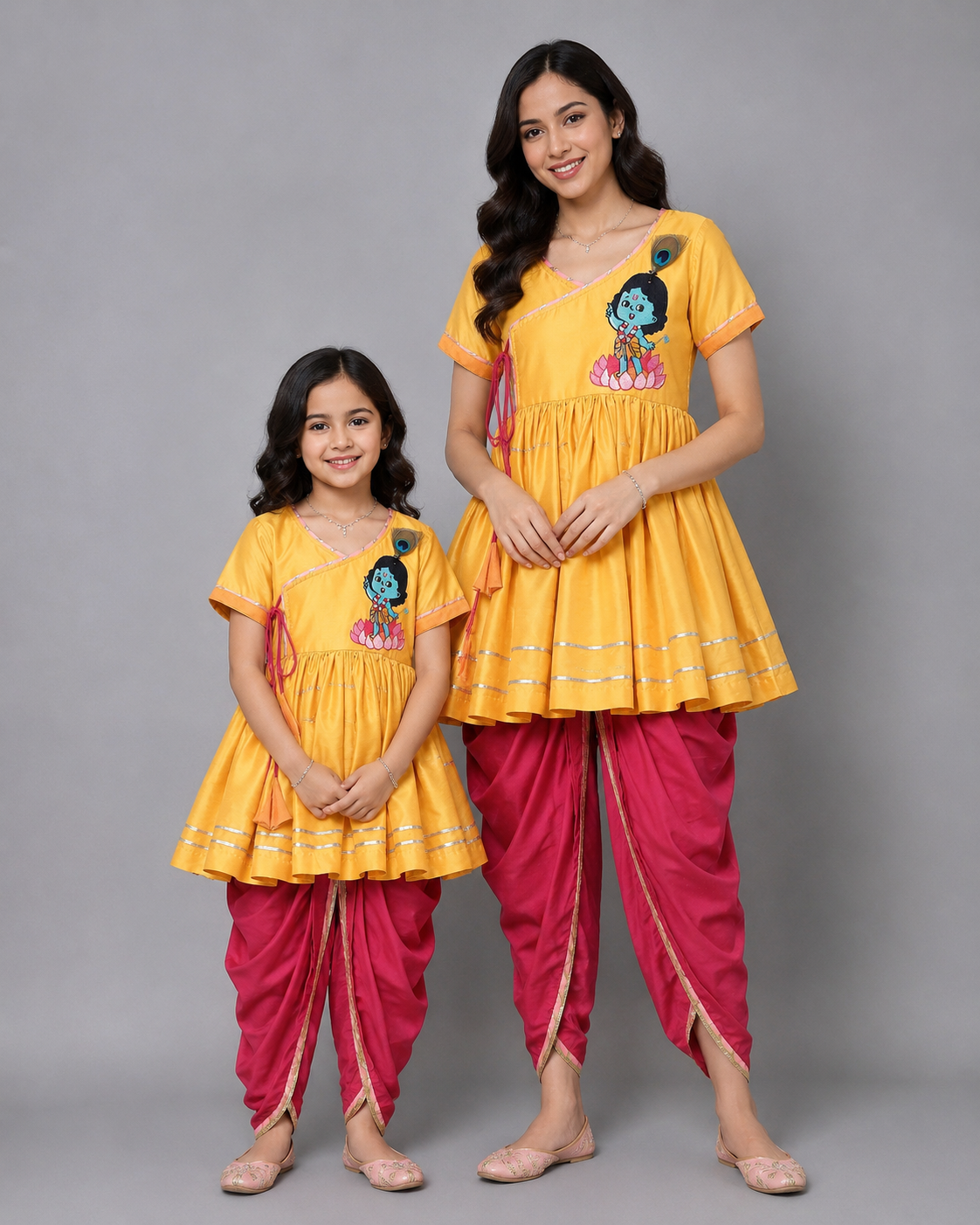 Yellow Krishna embroidered Kurta Dhoti