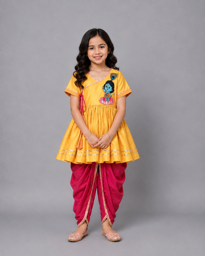 Yellow Krishna embroidered Kurta Dhoti