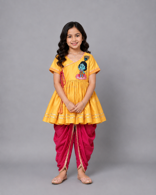 Yellow Krishna embroidered Kurta Dhoti