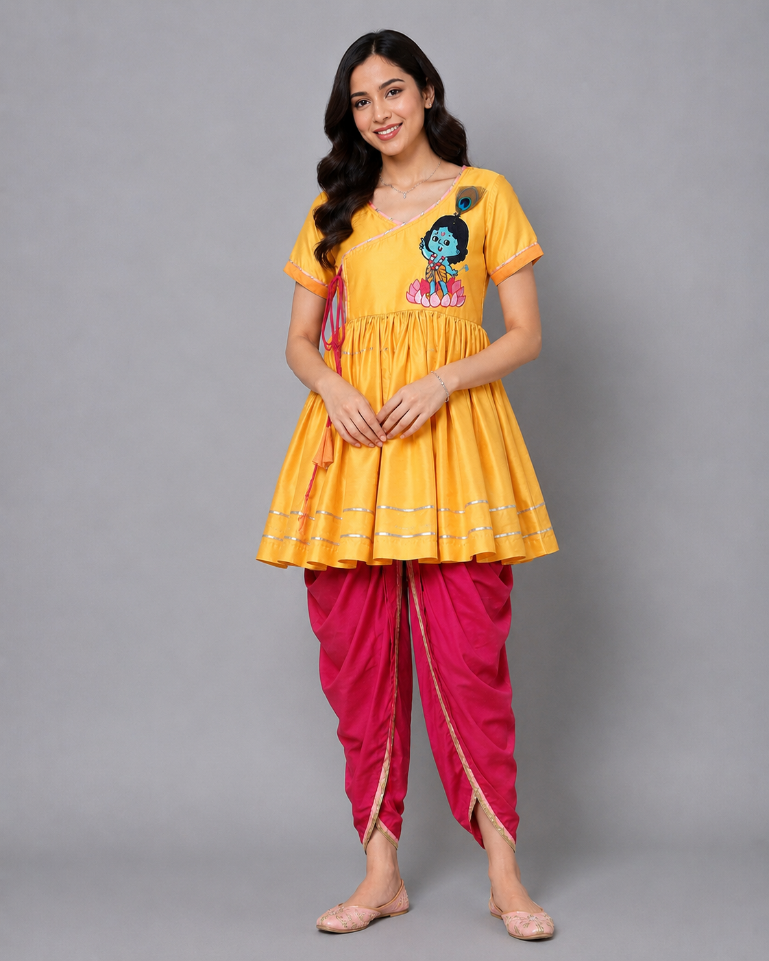 Yellow Krishna embroidered Kurta Dhoti