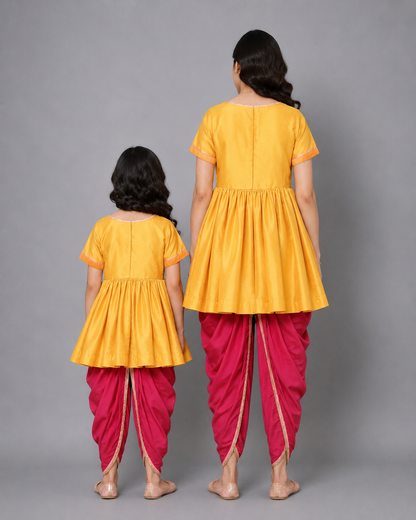 Yellow Krishna embroidered Kurta Dhoti