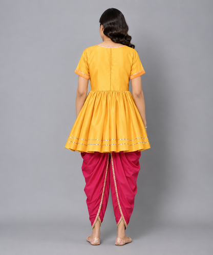 Yellow Krishna embroidered Kurta Dhoti